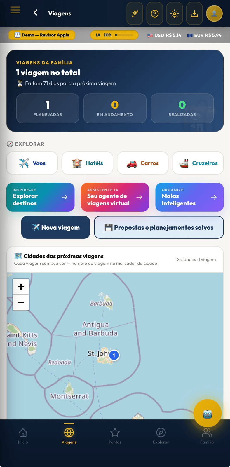 Viagens — hub de exploração